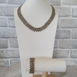 Vintage Wing Leaf Joined Runway Brass Statement Necklace Bracelet Set